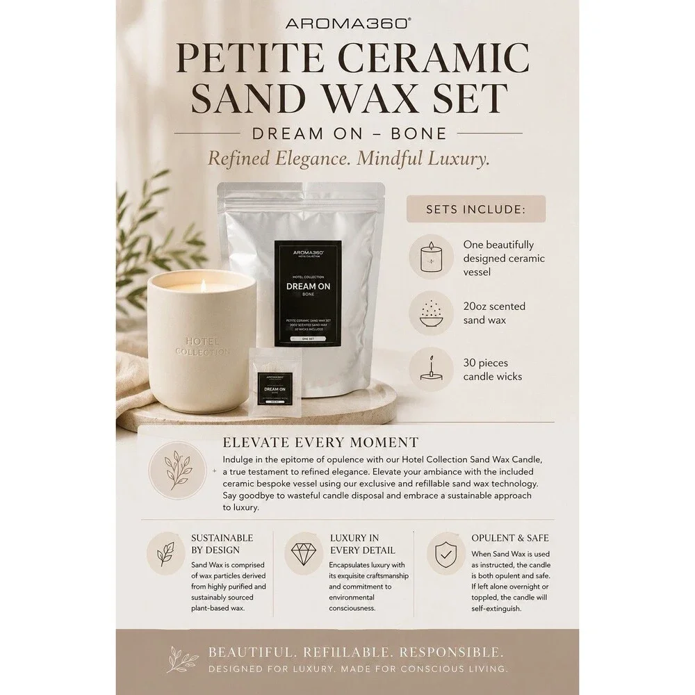 Aroma360 Dream On Petite Ceramic Sand Wax Candle Set Bone NEW 20oz Hard To Find